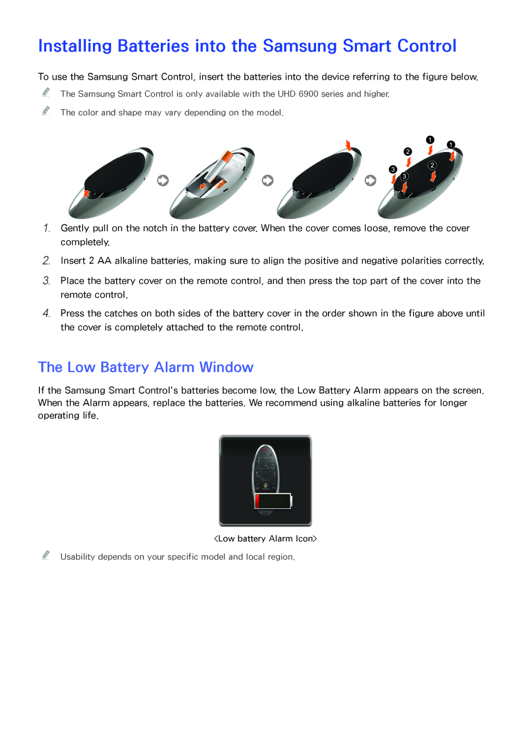 Samsung UN55HU6840 manual Installing Batteries into the Samsung Smart Control, Low Battery Alarm Window 