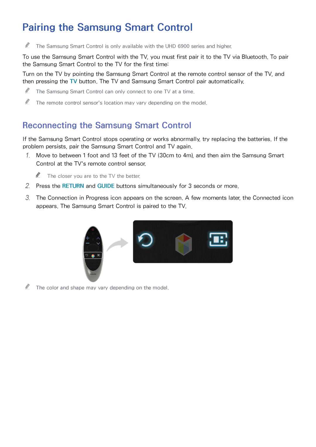 Samsung UN55HU6840 manual Pairing the Samsung Smart Control, Reconnecting the Samsung Smart Control 