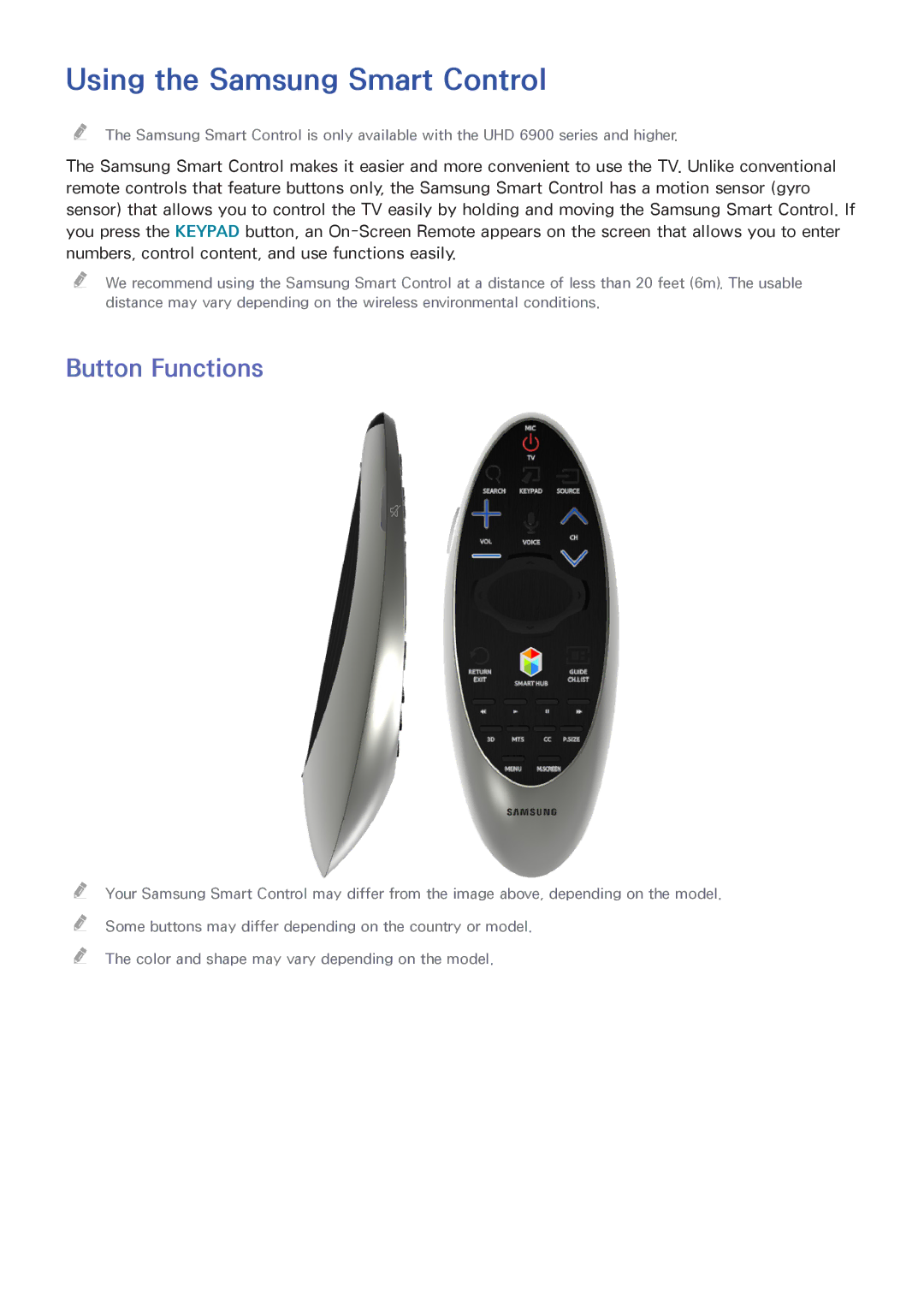 Samsung UN55HU6840 manual Using the Samsung Smart Control, Button Functions 