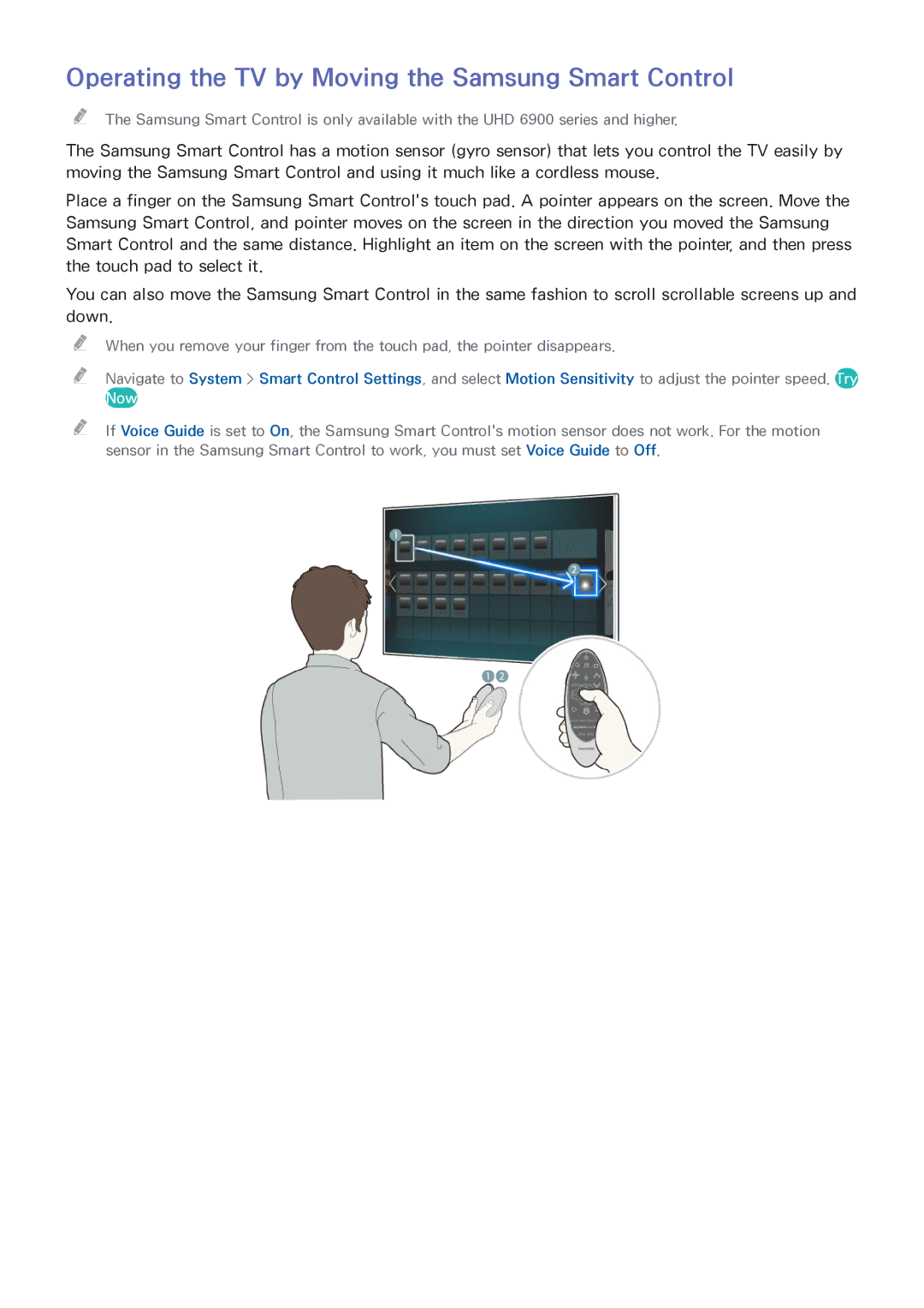 Samsung UN55HU6840 manual Operating the TV by Moving the Samsung Smart Control 