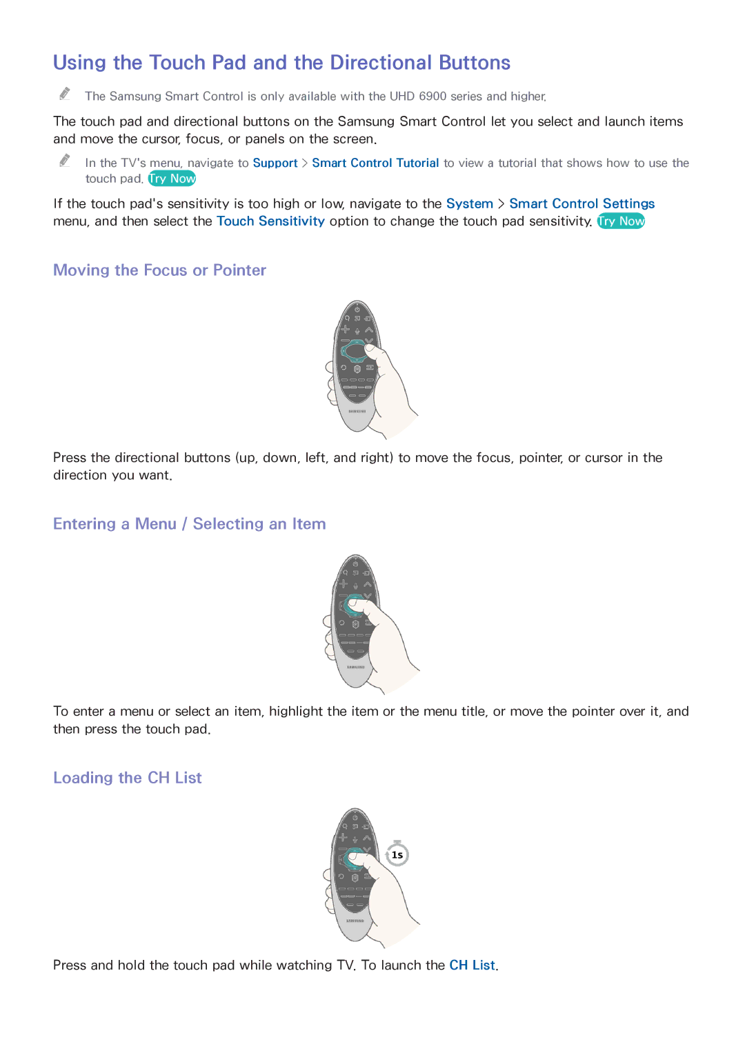 Samsung UN55HU6840 manual Using the Touch Pad and the Directional Buttons, Moving the Focus or Pointer, Loading the CH List 