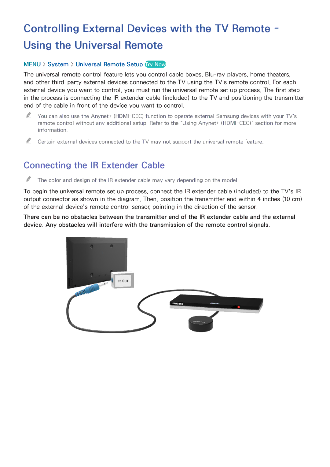 Samsung UN55HU6840 manual Connecting the IR Extender Cable, Menu System Universal Remote Setup Try Now 