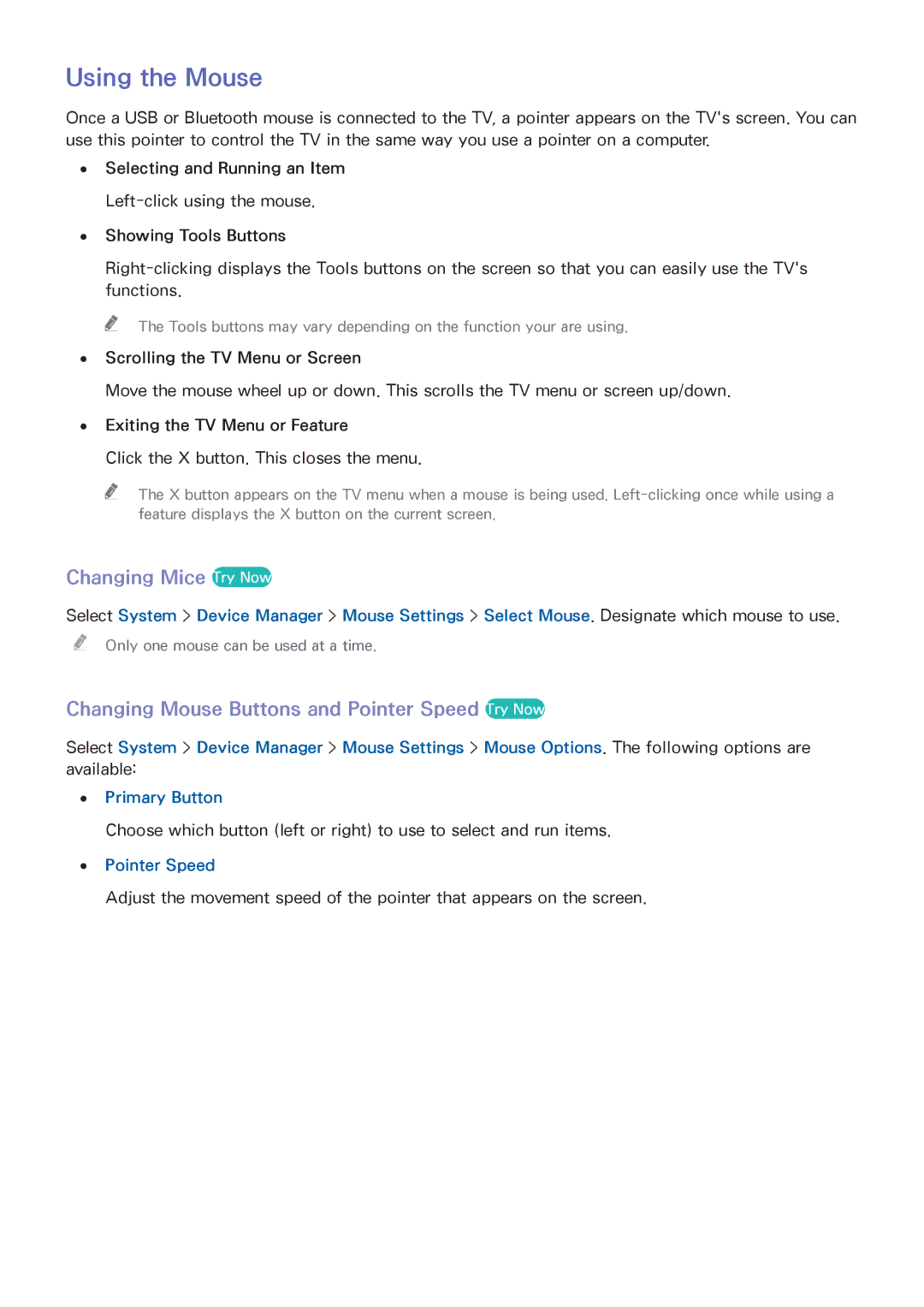 Samsung UN55HU6840 manual Using the Mouse, Changing Mice Try Now, Changing Mouse Buttons and Pointer Speed Try Now 