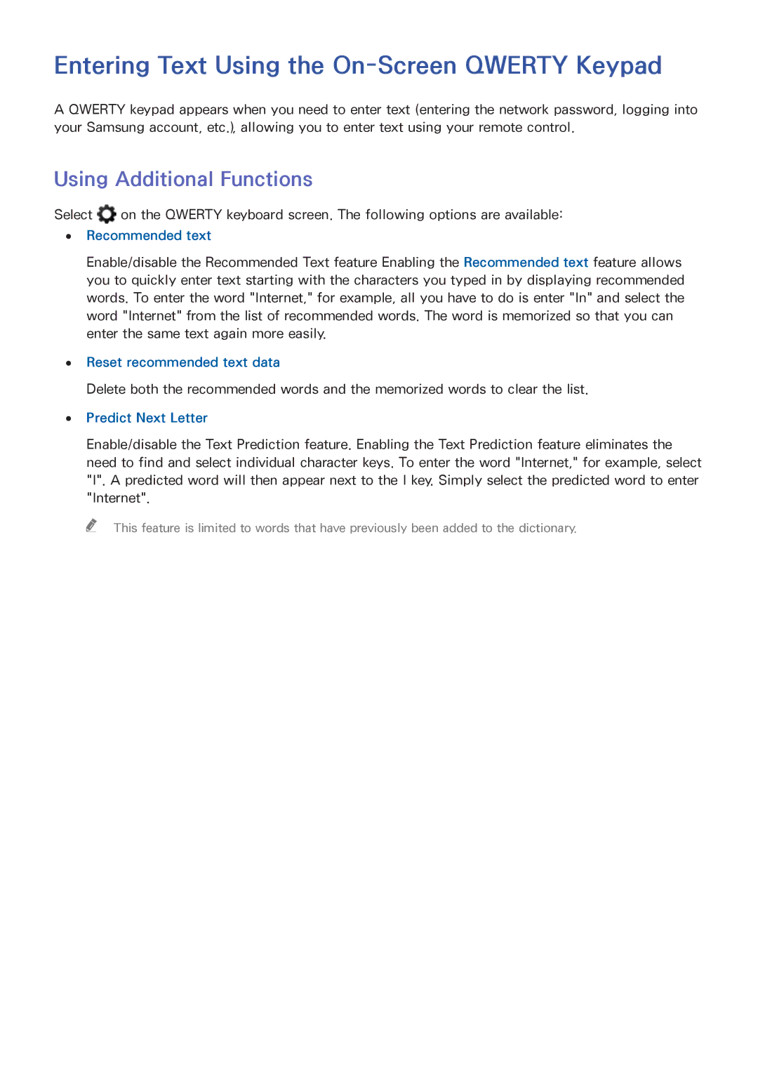 Samsung UN55HU6840 manual Entering Text Using the On-Screen Qwerty Keypad, Using Additional Functions, Recommended text 