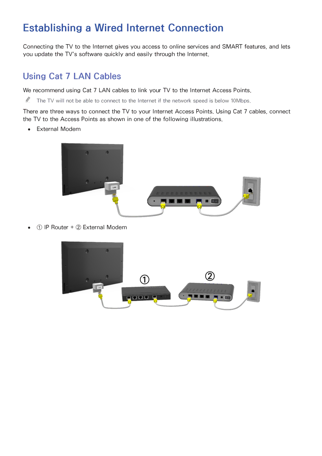 Samsung UN55HU6840 manual Establishing a Wired Internet Connection, Using Cat 7 LAN Cables 