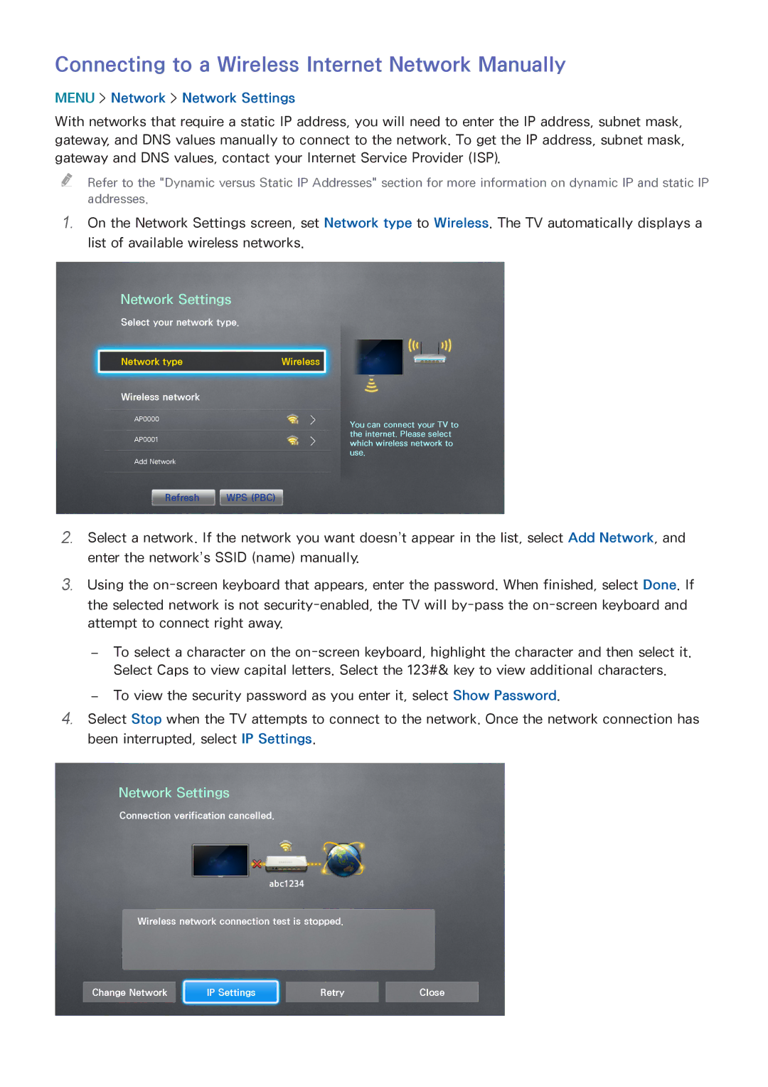 Samsung UN55HU6840 manual Connecting to a Wireless Internet Network Manually, Wireless network 