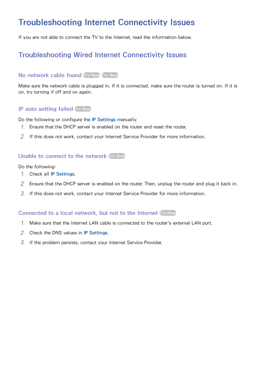 Samsung UN55HU6840 manual Troubleshooting Internet Connectivity Issues, Troubleshooting Wired Internet Connectivity Issues 