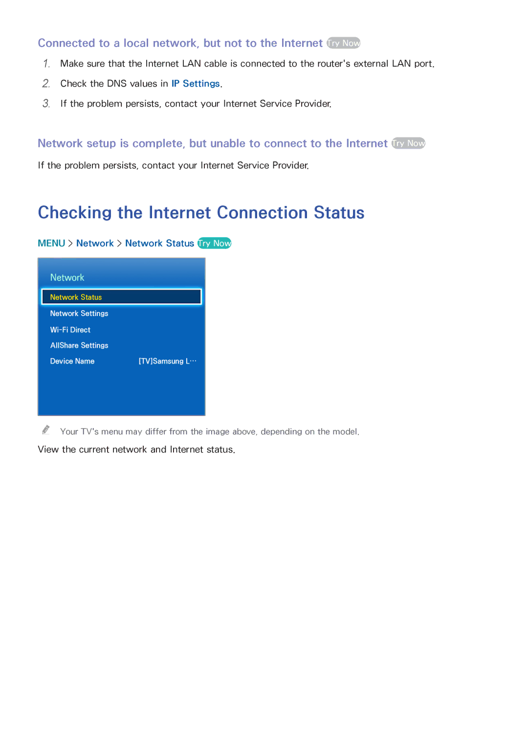 Samsung UN55HU6840 manual Checking the Internet Connection Status, Menu Network Network Status Try Now 