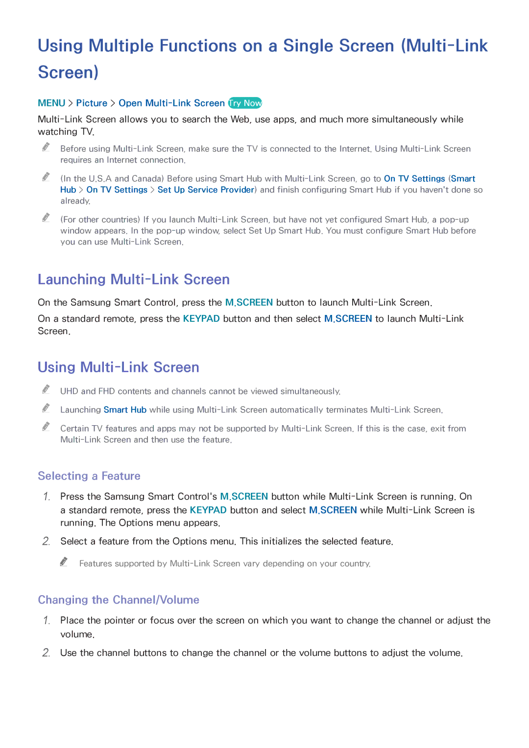 Samsung UN55HU6840 Launching Multi-Link Screen, Using Multi-Link Screen, Selecting a Feature, Changing the Channel/Volume 