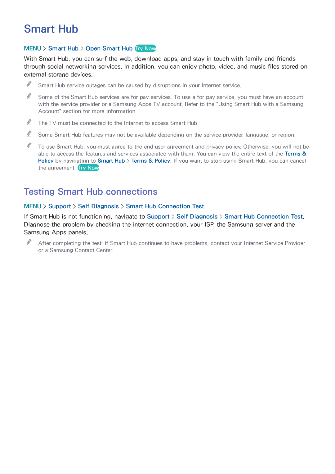 Samsung UN55HU6840 manual Testing Smart Hub connections, Menu Smart Hub Open Smart Hub Try Now 