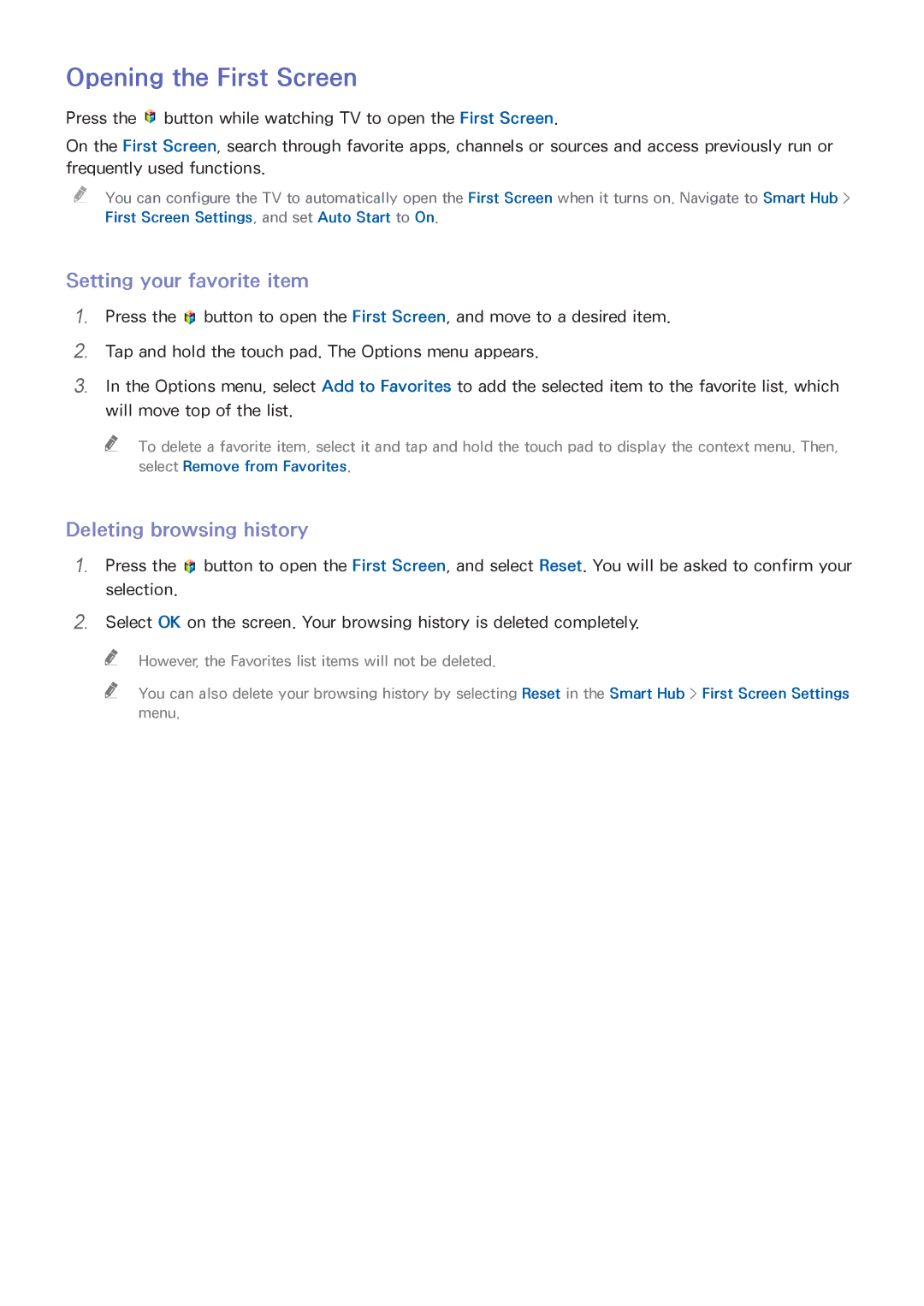 Samsung UN55HU6840 manual Opening the First Screen, Setting your favorite item, Deleting browsing history 