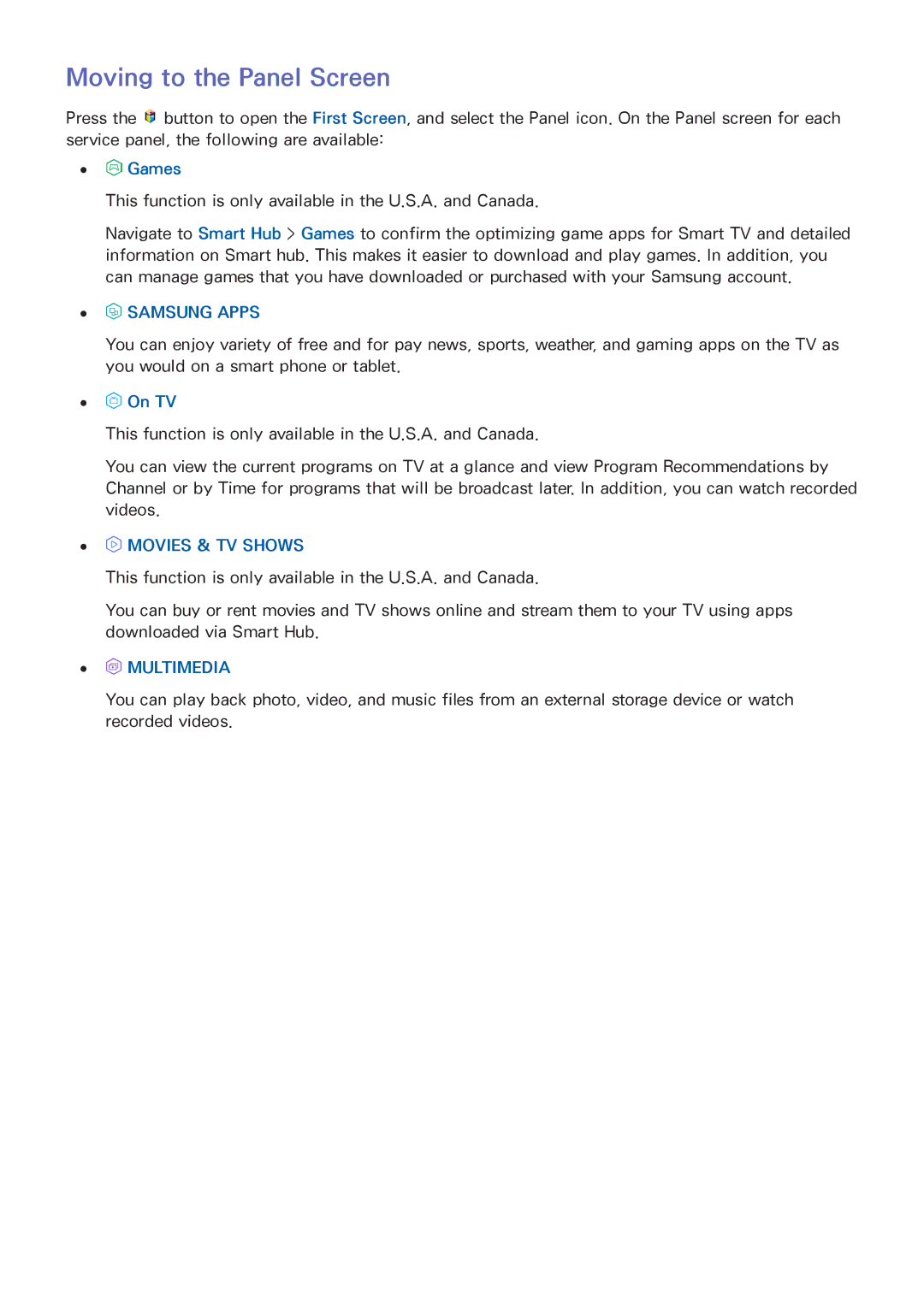 Samsung UN55HU6840 manual Moving to the Panel Screen, Games, On TV 