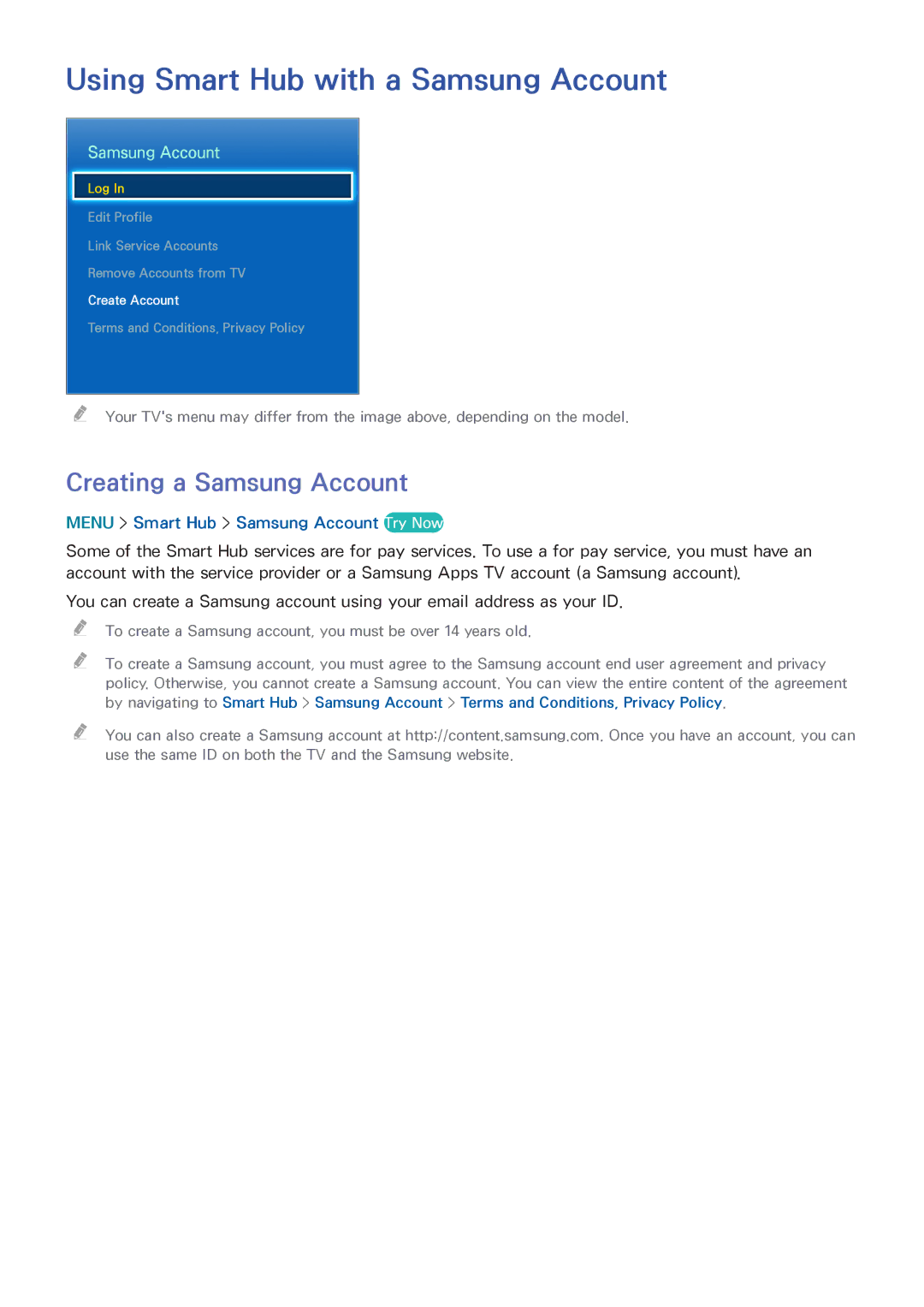 Samsung UN55HU6840 manual Using Smart Hub with a Samsung Account, Creating a Samsung Account 