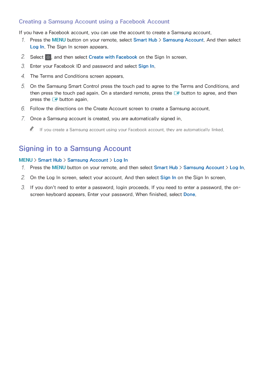 Samsung UN55HU6840 manual Signing in to a Samsung Account, Creating a Samsung Account using a Facebook Account 