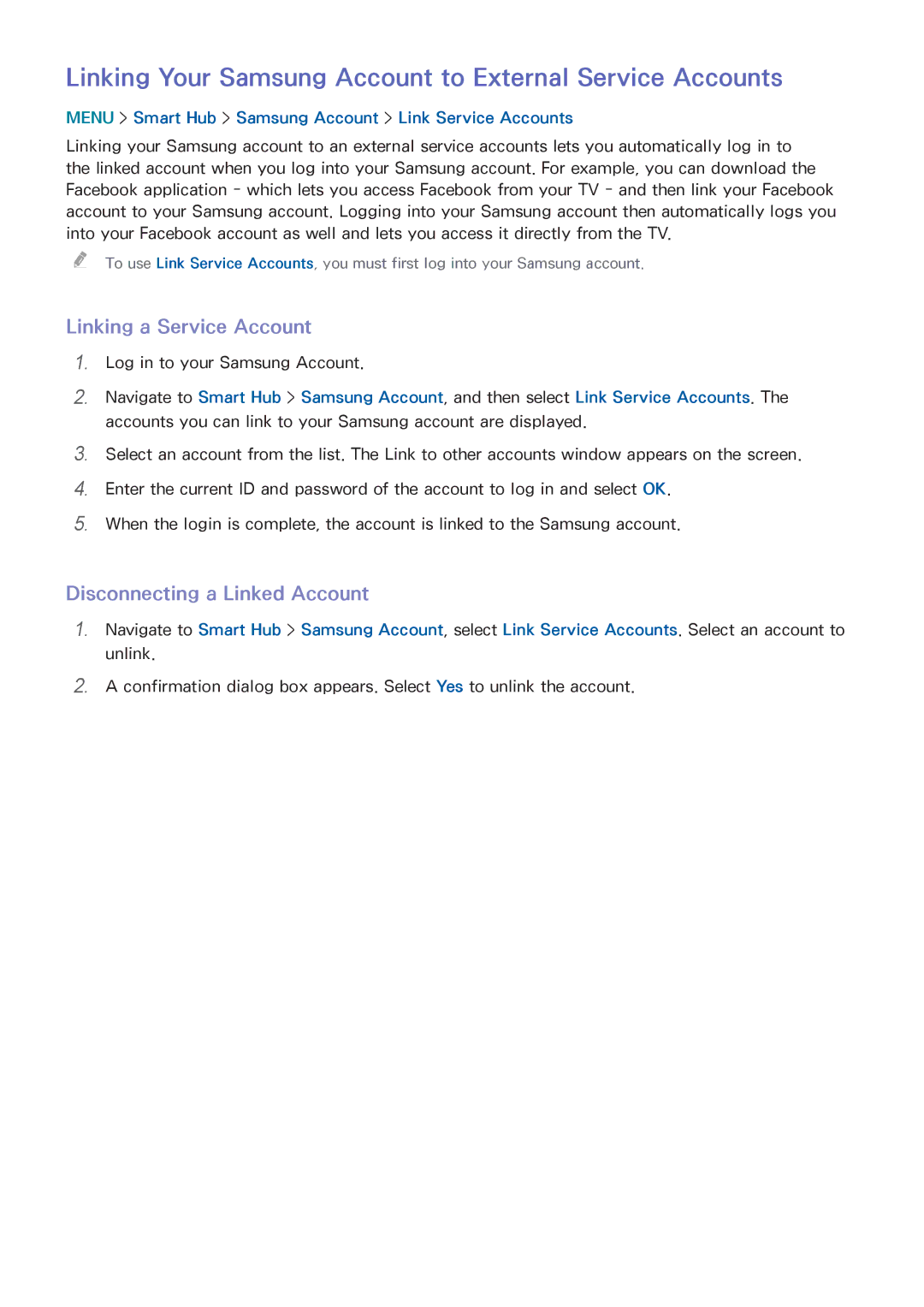 Samsung UN55HU6840 manual Linking Your Samsung Account to External Service Accounts, Linking a Service Account 