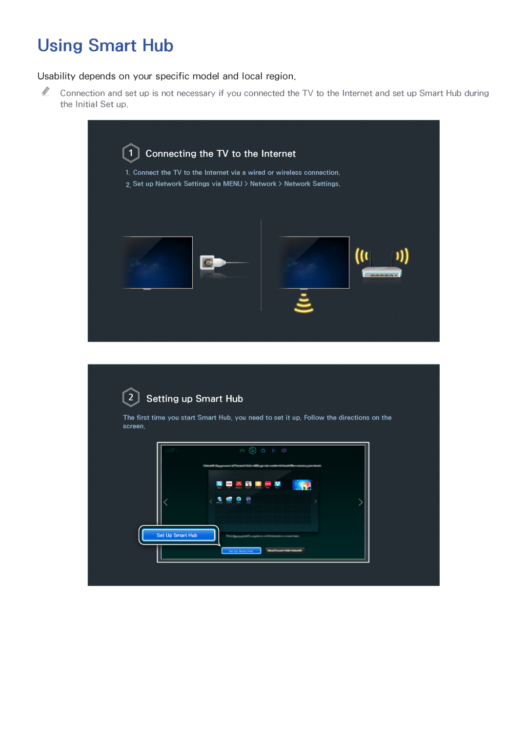 Samsung UN55HU6840 manual Using Smart Hub, Usability depends on your specific model and local region 