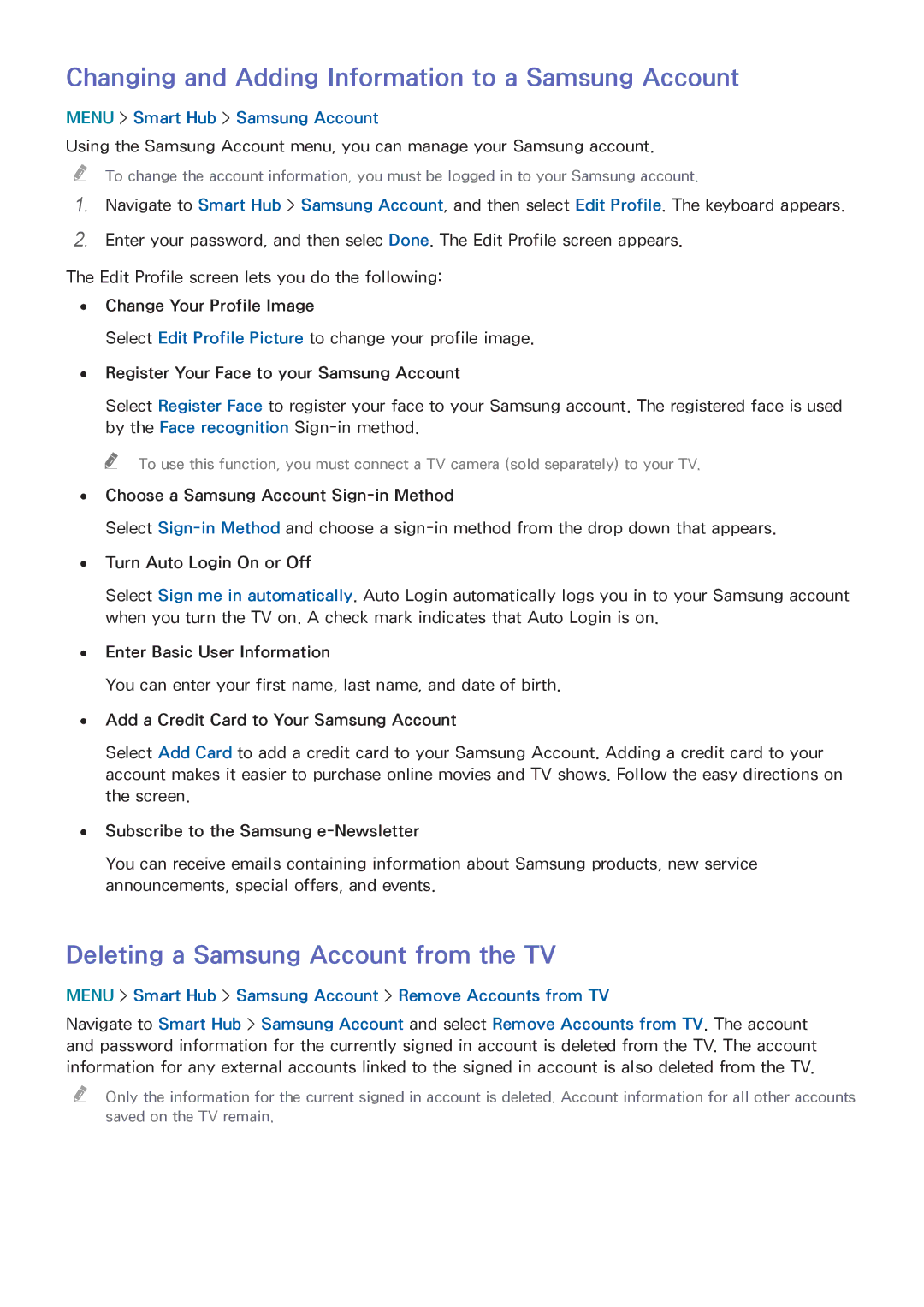 Samsung UN55HU6840 manual Changing and Adding Information to a Samsung Account, Deleting a Samsung Account from the TV 