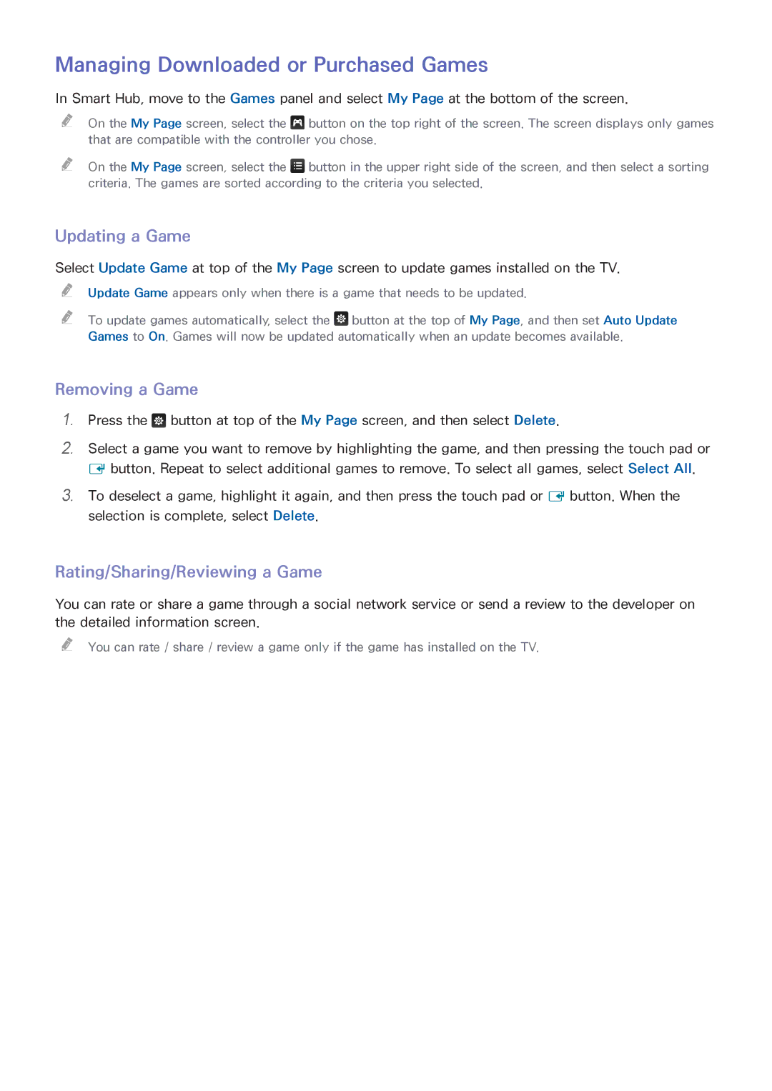 Samsung UN55HU6840 manual Managing Downloaded or Purchased Games, Updating a Game, Removing a Game 