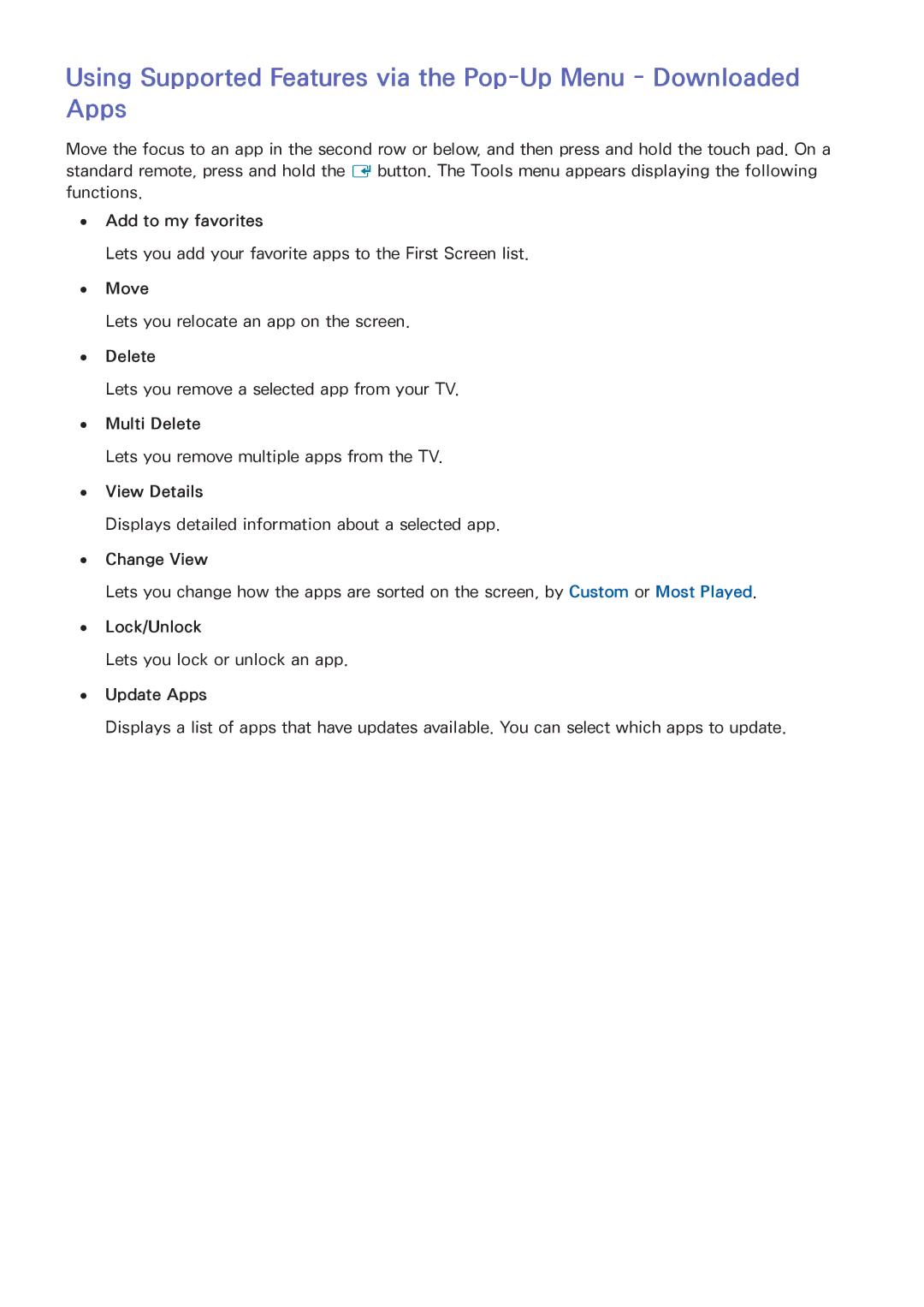 Samsung UN55HU6840 manual Add to my favorites, Move, Multi Delete, View Details, Change View, Lock/Unlock, Update Apps 