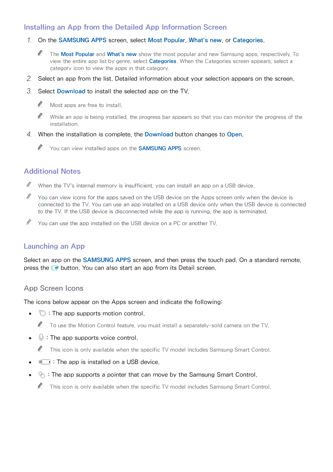 Samsung UN55HU6840 manual Installing an App from the Detailed App Information Screen, Additional Notes, Launching an App 