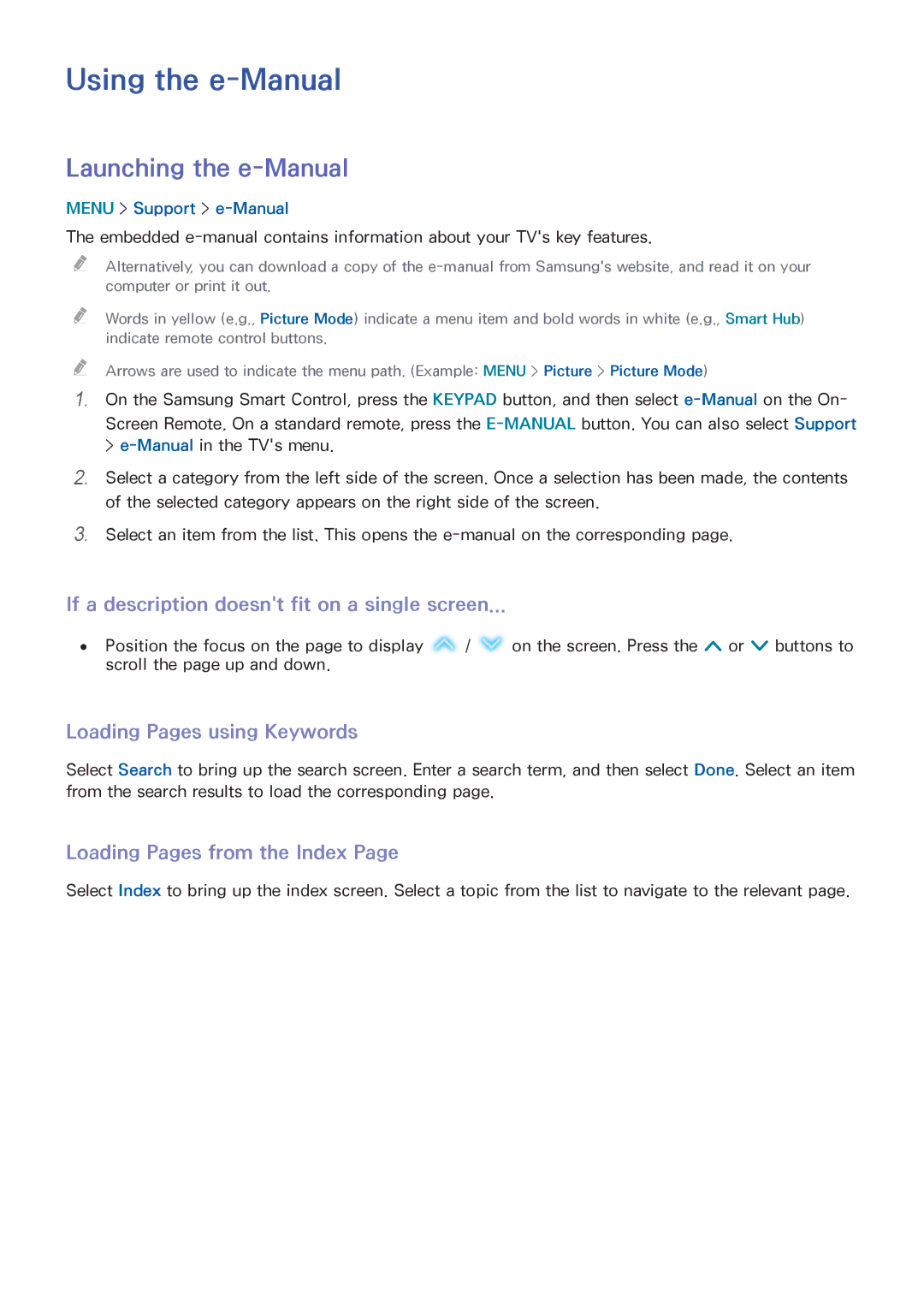 Samsung UN55HU6840 manual Using the e-Manual, Launching the e-Manual, If a description doesnt fit on a single screen 