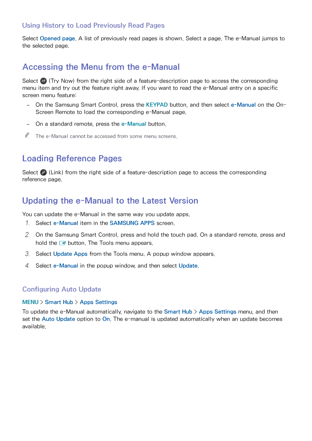 Samsung UN55HU6840 manual Accessing the Menu from the e-Manual, Loading Reference Pages, Configuring Auto Update 
