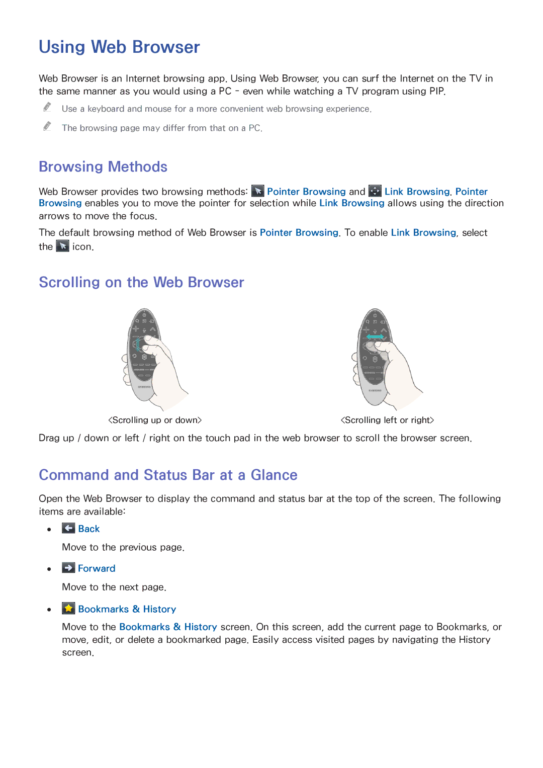 Samsung UN55HU6840 Using Web Browser, Browsing Methods, Scrolling on the Web Browser, Command and Status Bar at a Glance 