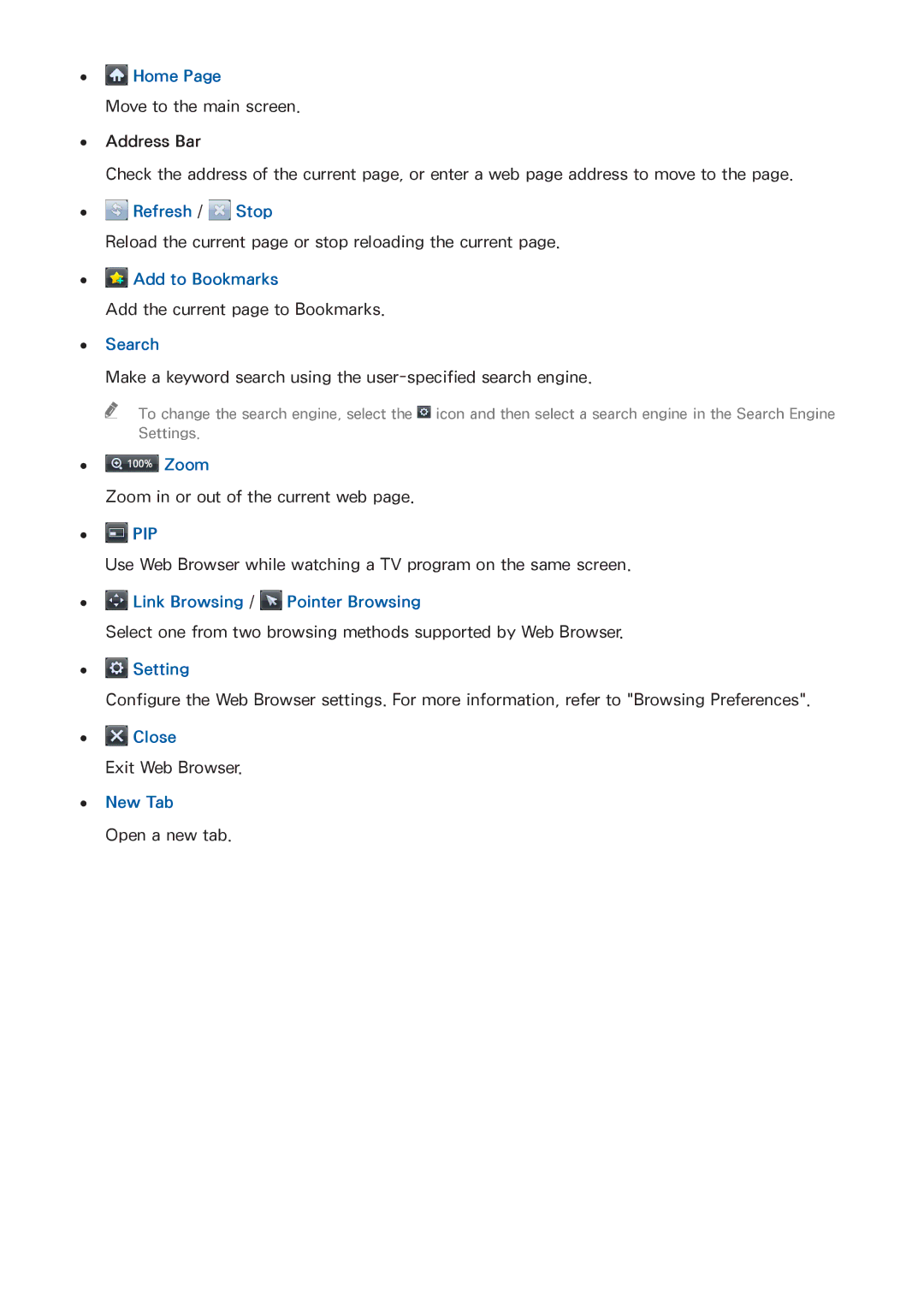 Samsung UN55HU6840 Home, Refresh / Stop, Add to Bookmarks, Search, Zoom, Pip, Link Browsing / Pointer Browsing, Setting 