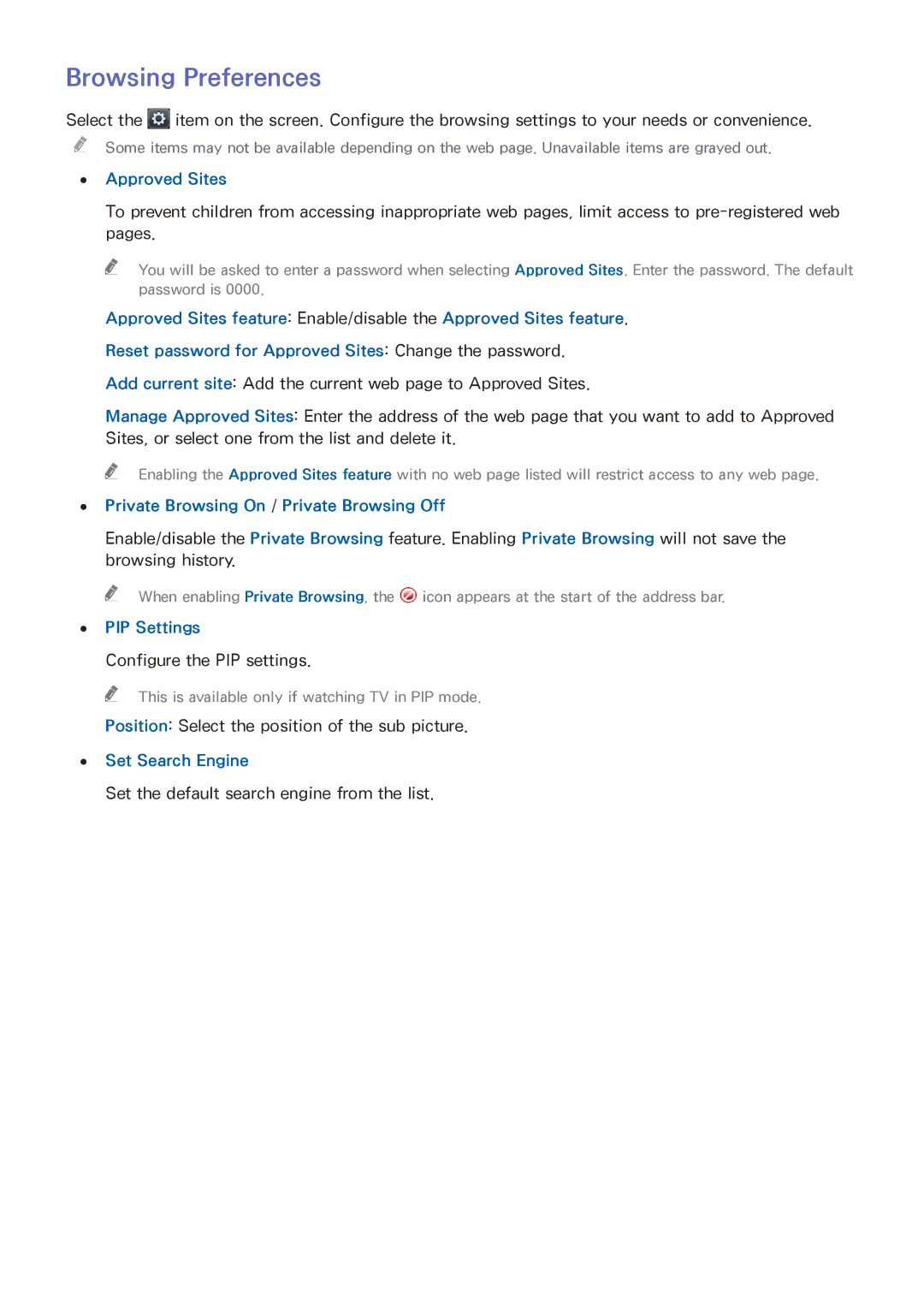 Samsung UN55HU6840 manual Browsing Preferences, Approved Sites, Private Browsing On / Private Browsing Off, PIP Settings 