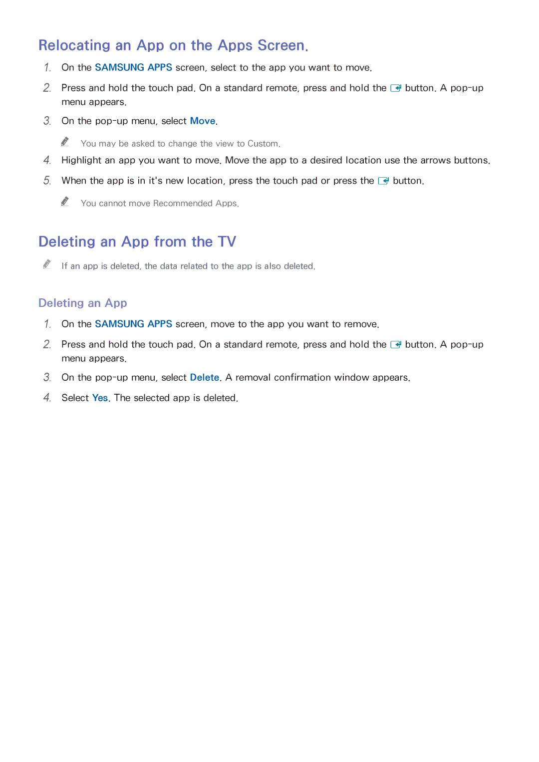 Samsung UN55HU6840 manual Relocating an App on the Apps Screen, Deleting an App from the TV 