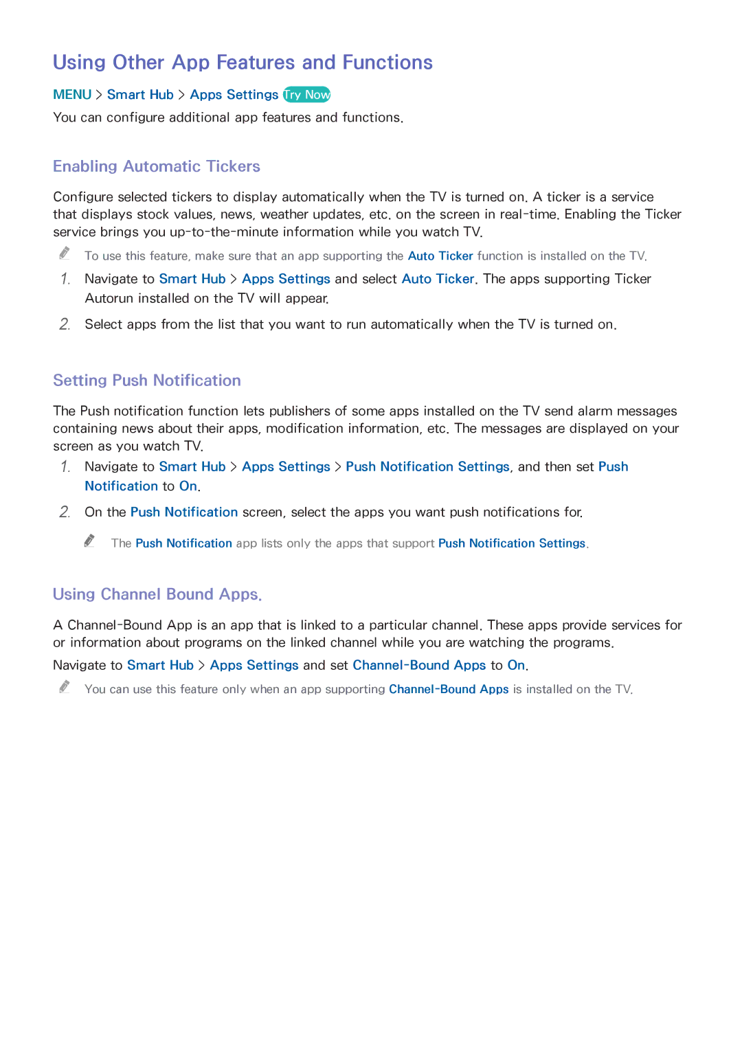 Samsung UN55HU6840 manual Using Other App Features and Functions, Enabling Automatic Tickers, Setting Push Notification 