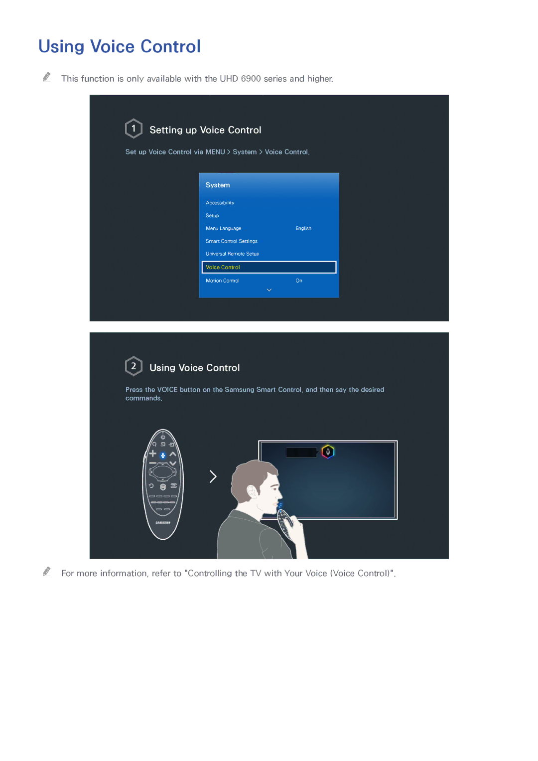 Samsung UN55HU6840 manual Using Voice Control, Setting up Voice Control 