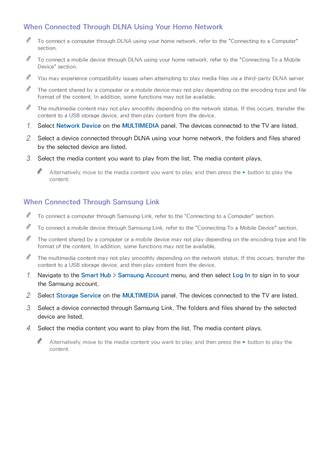 Samsung UN55HU6840 manual When Connected Through Dlna Using Your Home Network, When Connected Through Samsung Link 