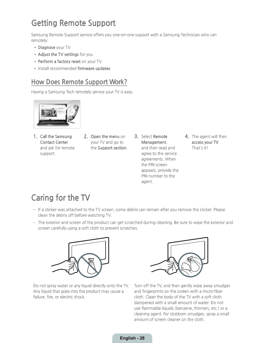 Samsung UN55HU6950 manual Getting Remote Support, Caring for the TV, How Does Remote Support Work? 