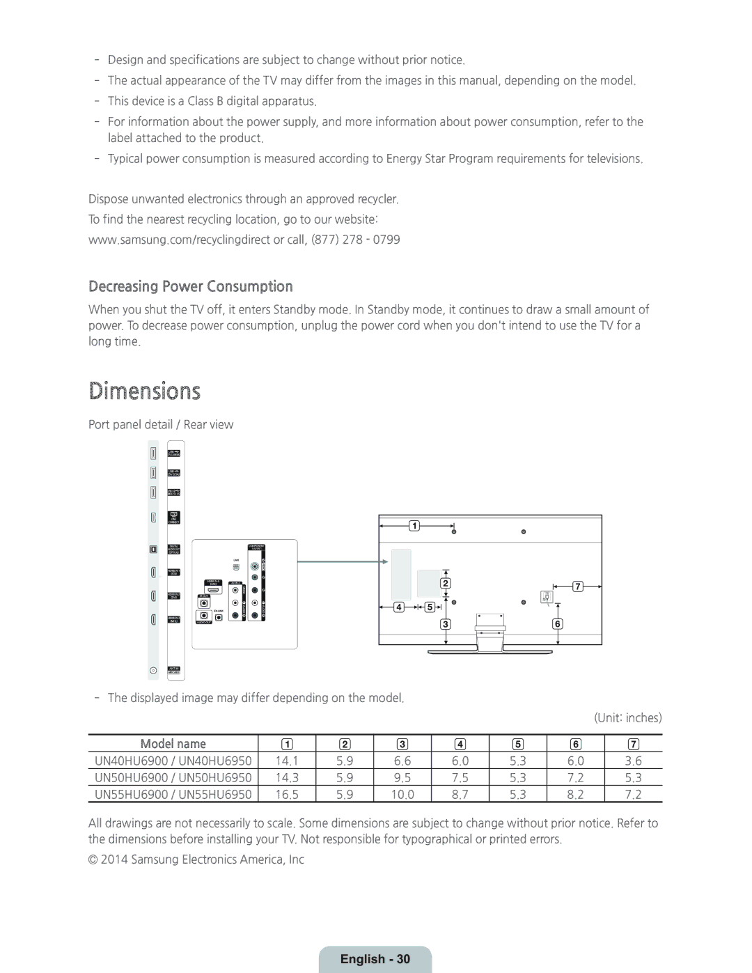 Samsung UN55HU6950 manual Dimensions, Decreasing Power Consumption 