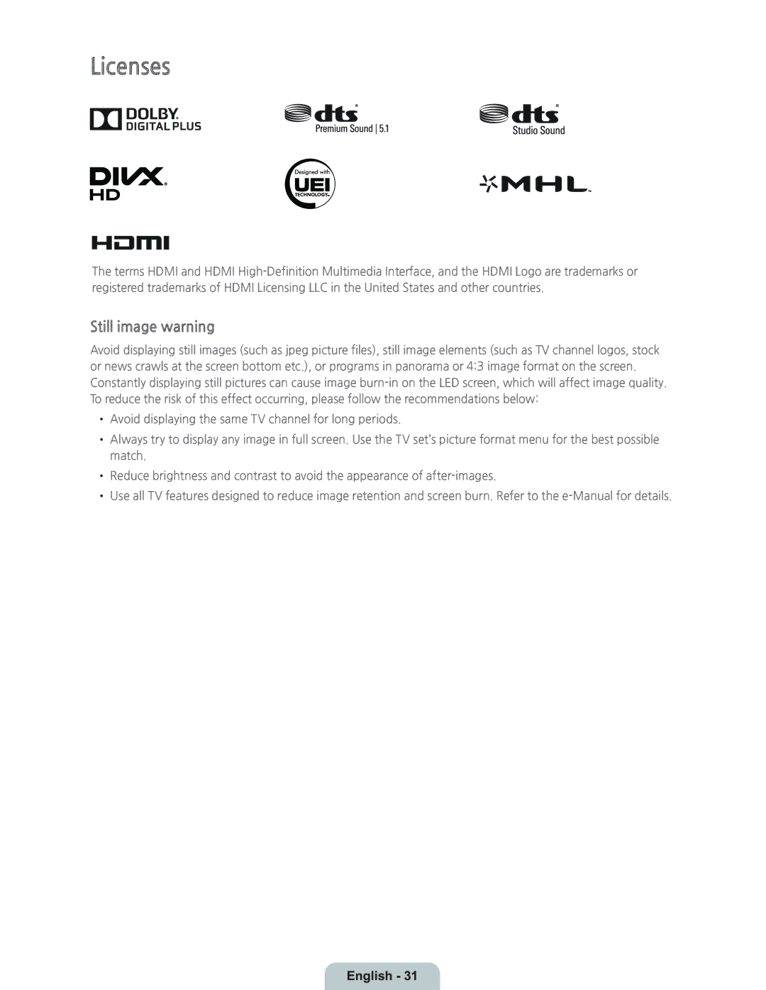 Samsung UN55HU6950 manual Licenses, Still image warning 