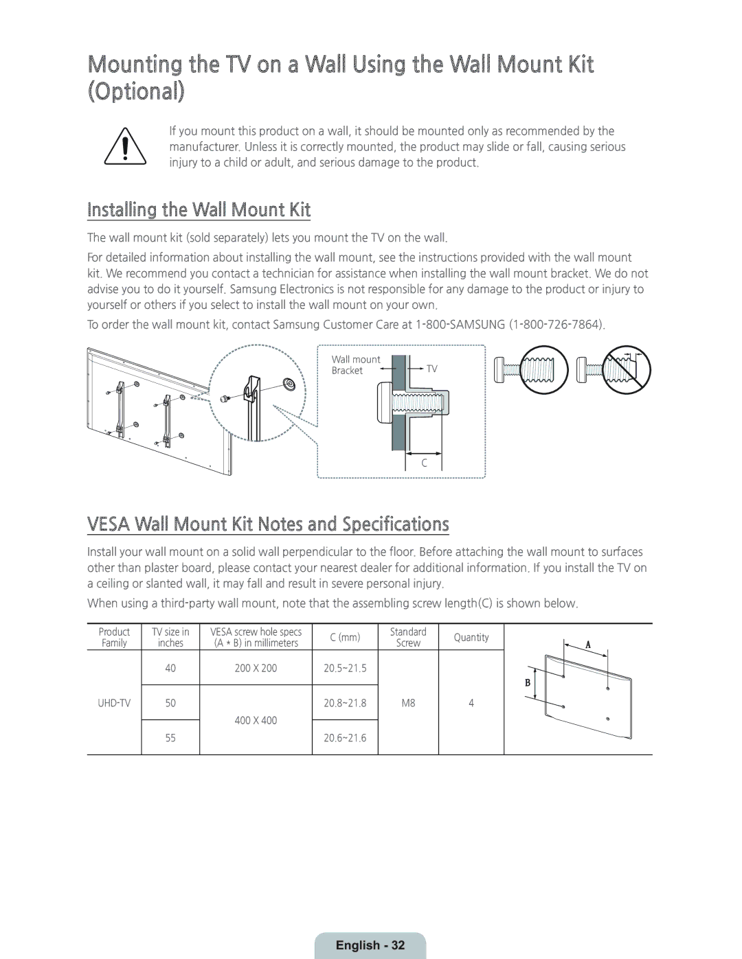 Samsung UN55HU6950 manual Mounting the TV on a Wall Using the Wall Mount Kit Optional, Installing the Wall Mount Kit 