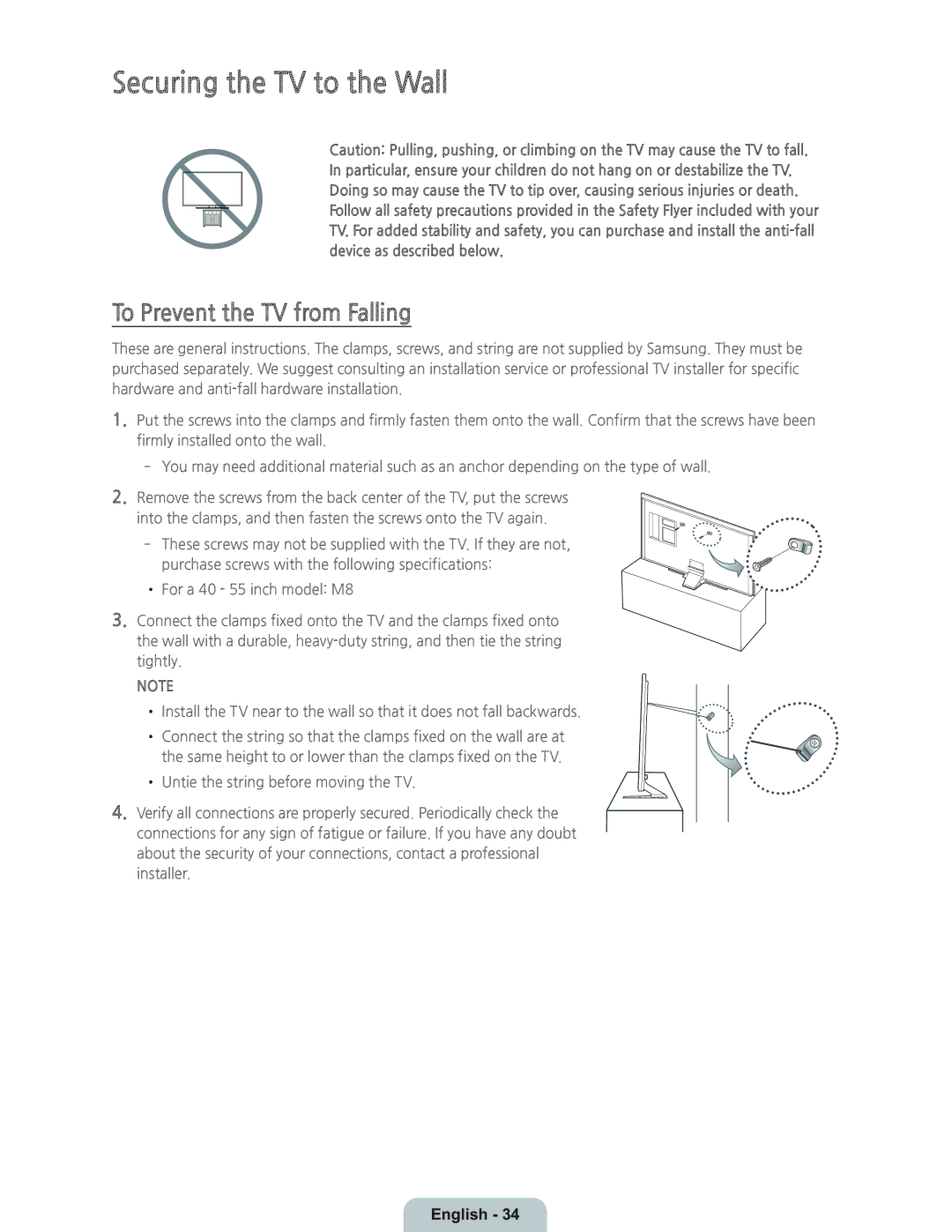 Samsung UN55HU6950 manual Securing the TV to the Wall, To Prevent the TV from Falling 