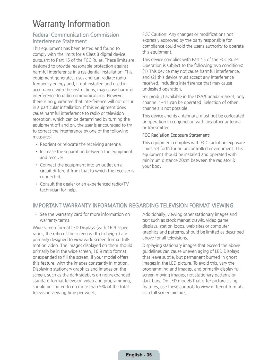 Samsung UN55HU6950 manual Warranty Information, FCC Radiation Exposure Statement 