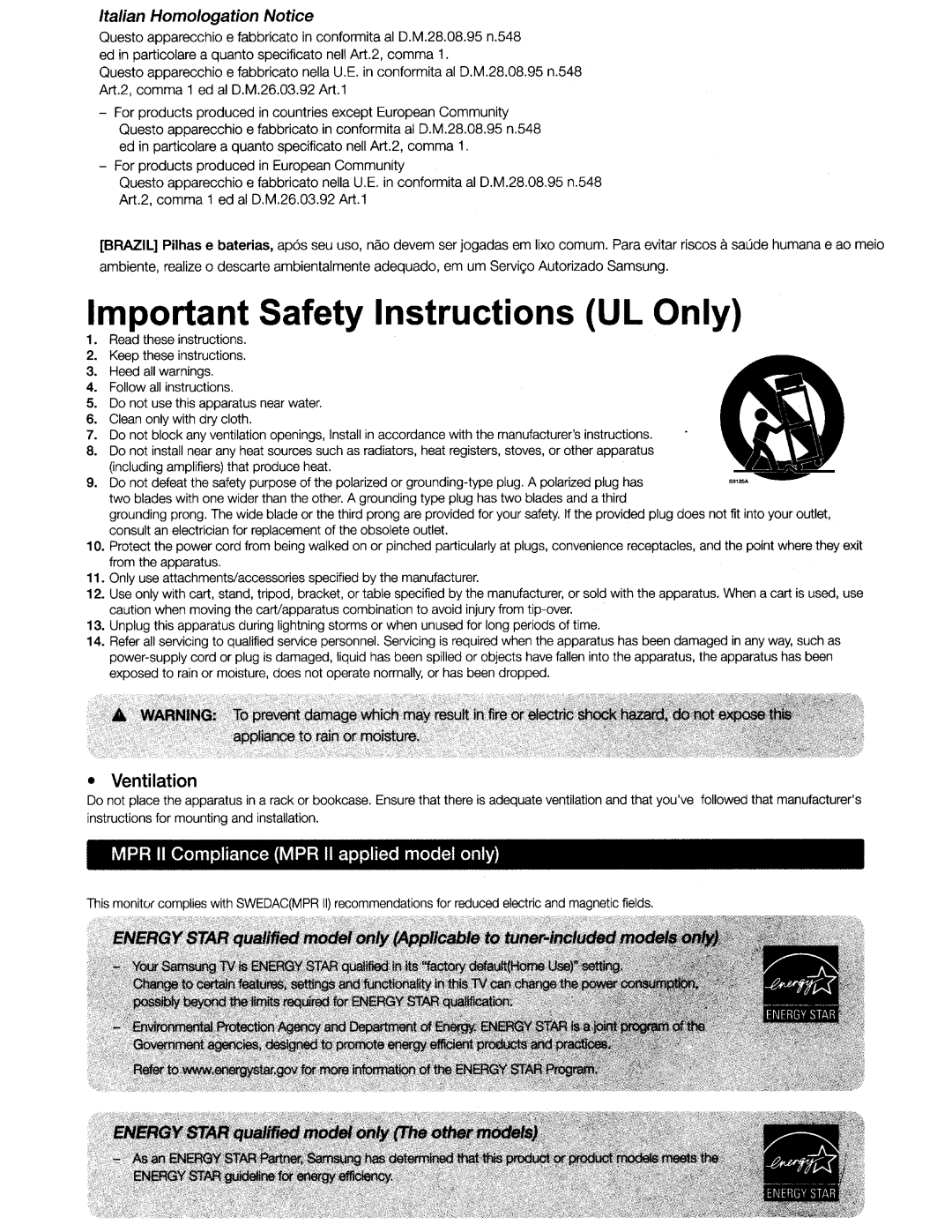 Samsung UN55HU6950 manual Important Safety Instructions UL Only 