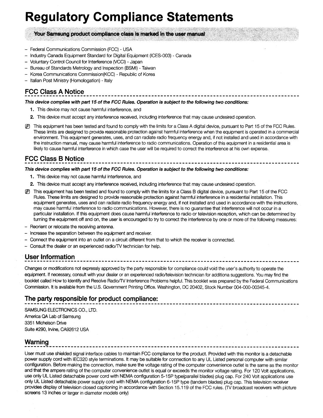 Samsung UN55HU6950 manual Regulatory Compliance Statements 