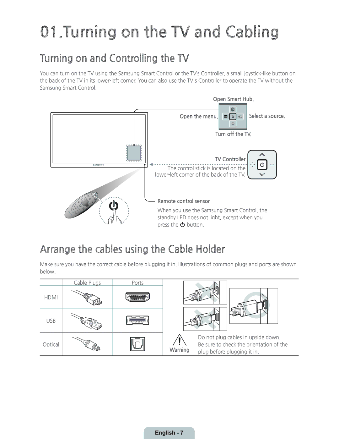 Samsung UN55HU6950 Turning on and Controlling the TV, Arrange the cables using the Cable Holder, Remote control sensor 