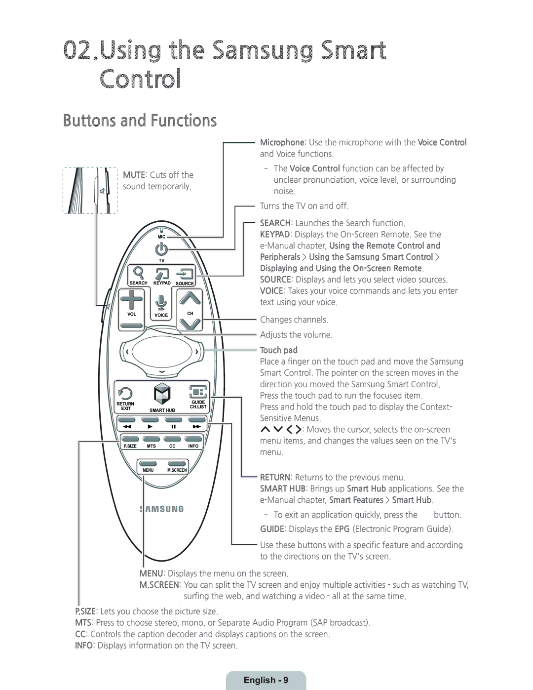 Samsung UN55HU6950 manual Buttons and Functions, Touch pad, Manual chapter, Smart Features Smart Hub 