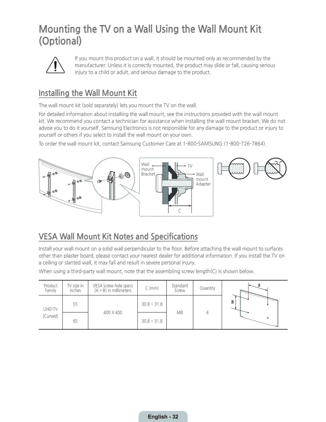 Samsung UN55HU7250 manual Mounting the TV on a Wall Using the Wall Mount Kit Optional, Installing the Wall Mount Kit 