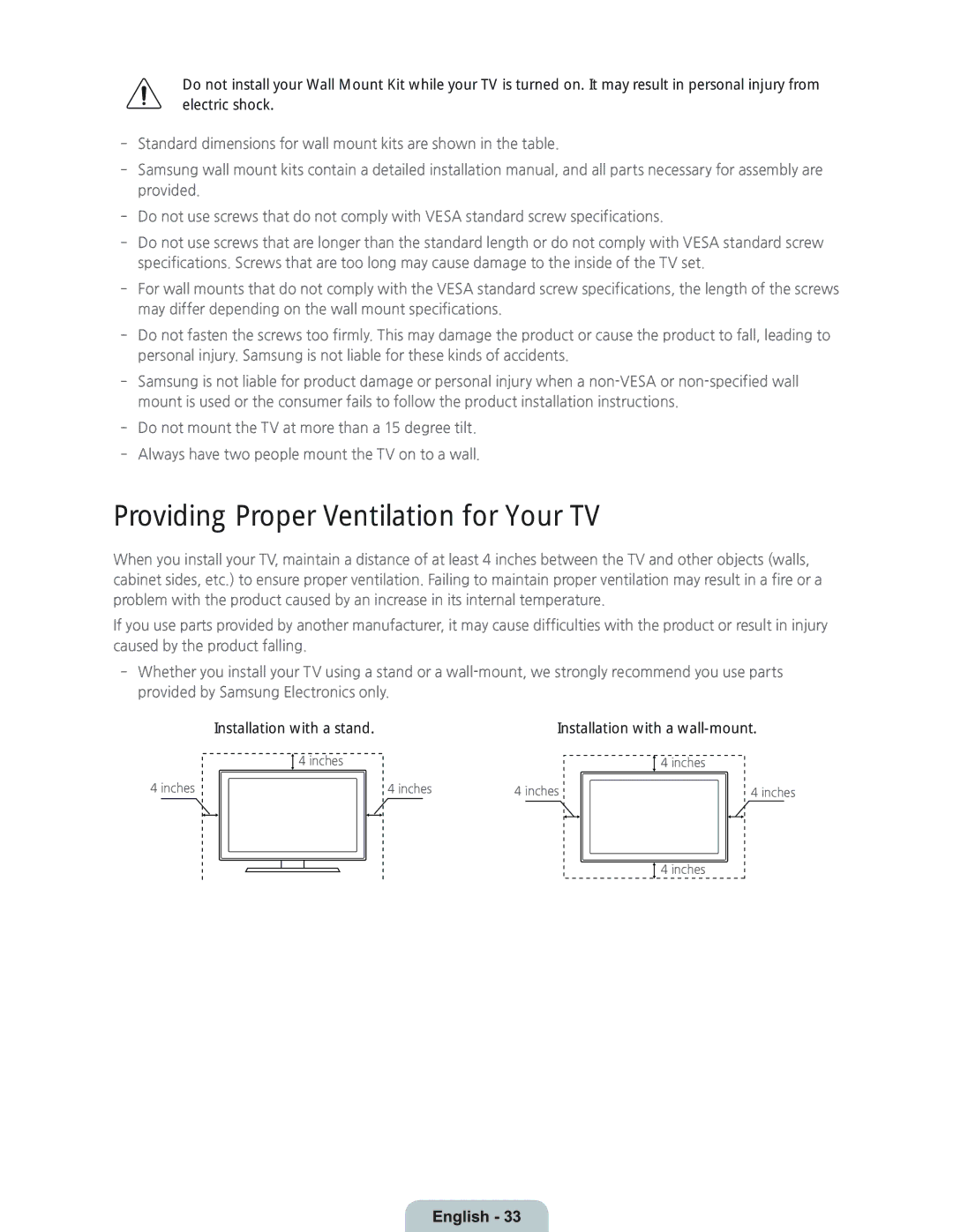 Samsung UN55HU7250 manual Providing Proper Ventilation for Your TV, Installation with a stand 