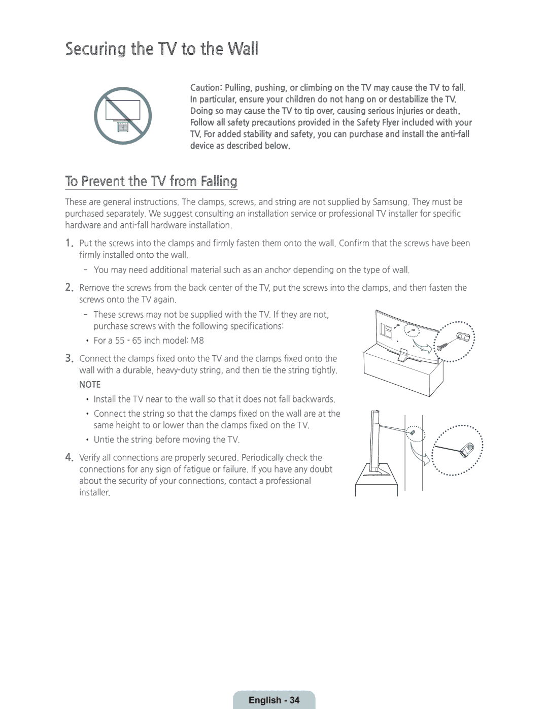 Samsung UN55HU7250 manual Securing the TV to the Wall, To Prevent the TV from Falling 