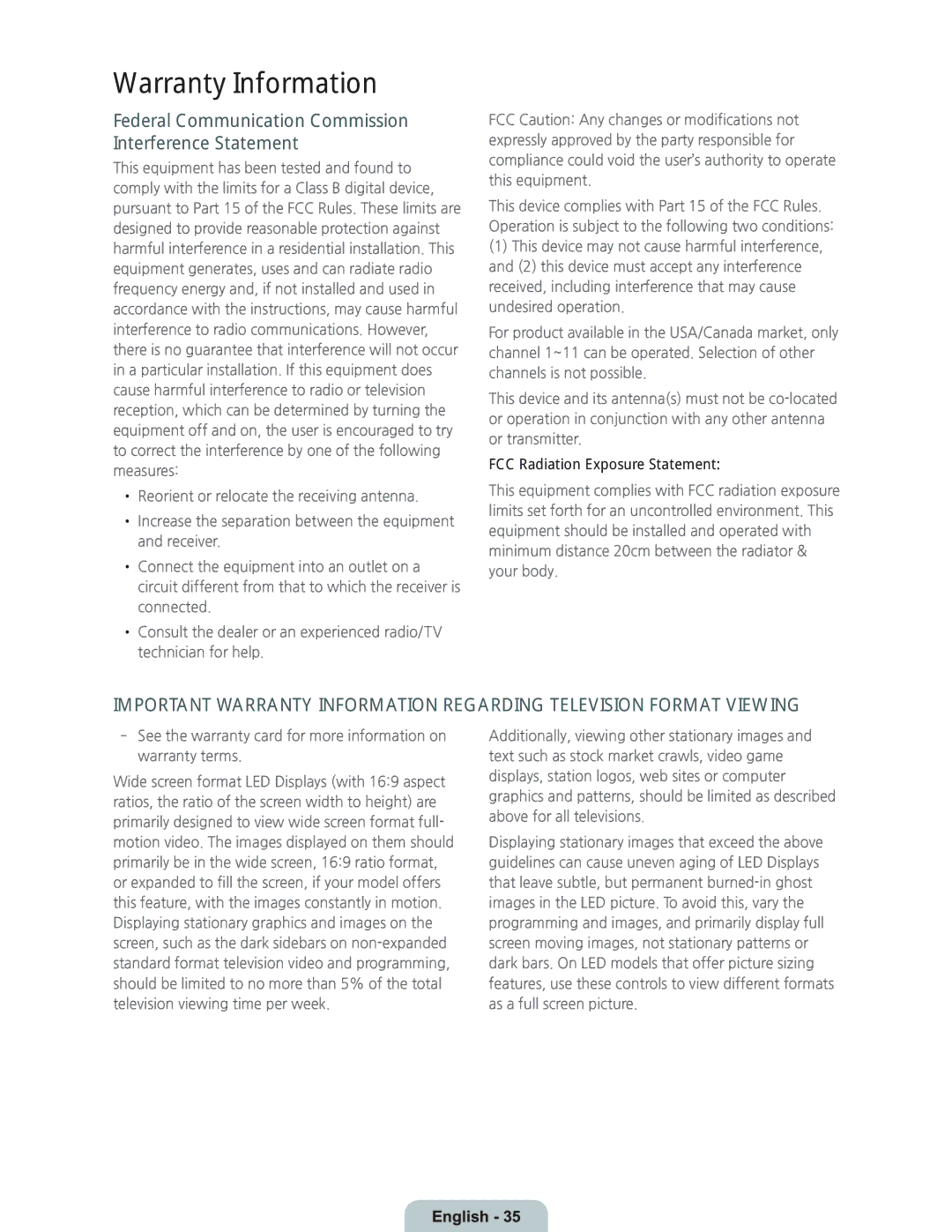 Samsung UN55HU7250 manual Warranty Information, FCC Radiation Exposure Statement 