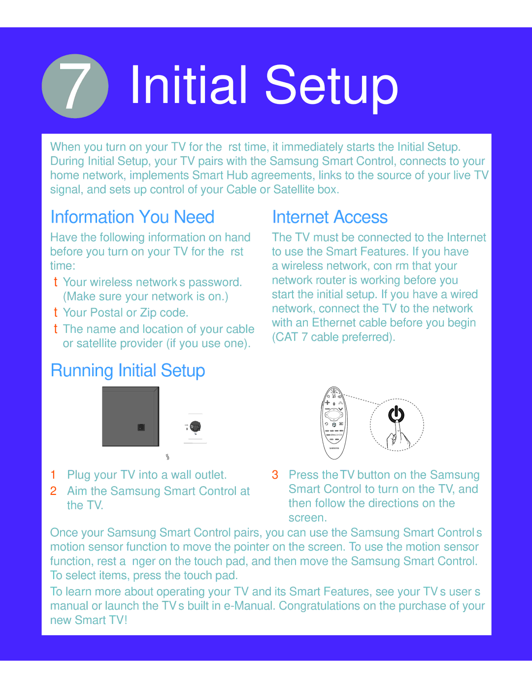 Samsung UN55HU7250 manual Initial Setup 