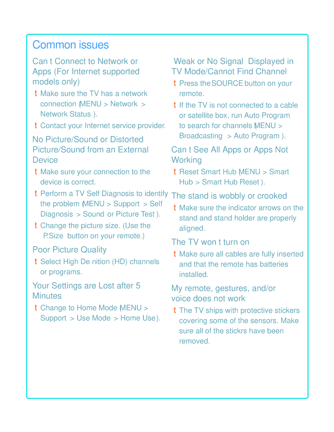 Samsung UN55HU7250 manual Common issues 