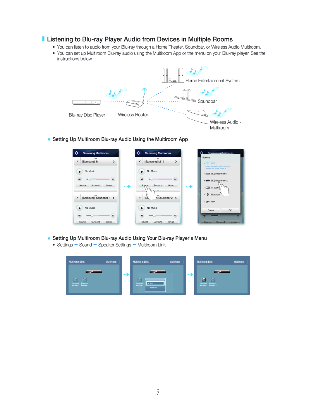 Samsung UN55HU7250 manual ` Setting Up Multiroom Blu-ray Audio Using the Multiroom App 